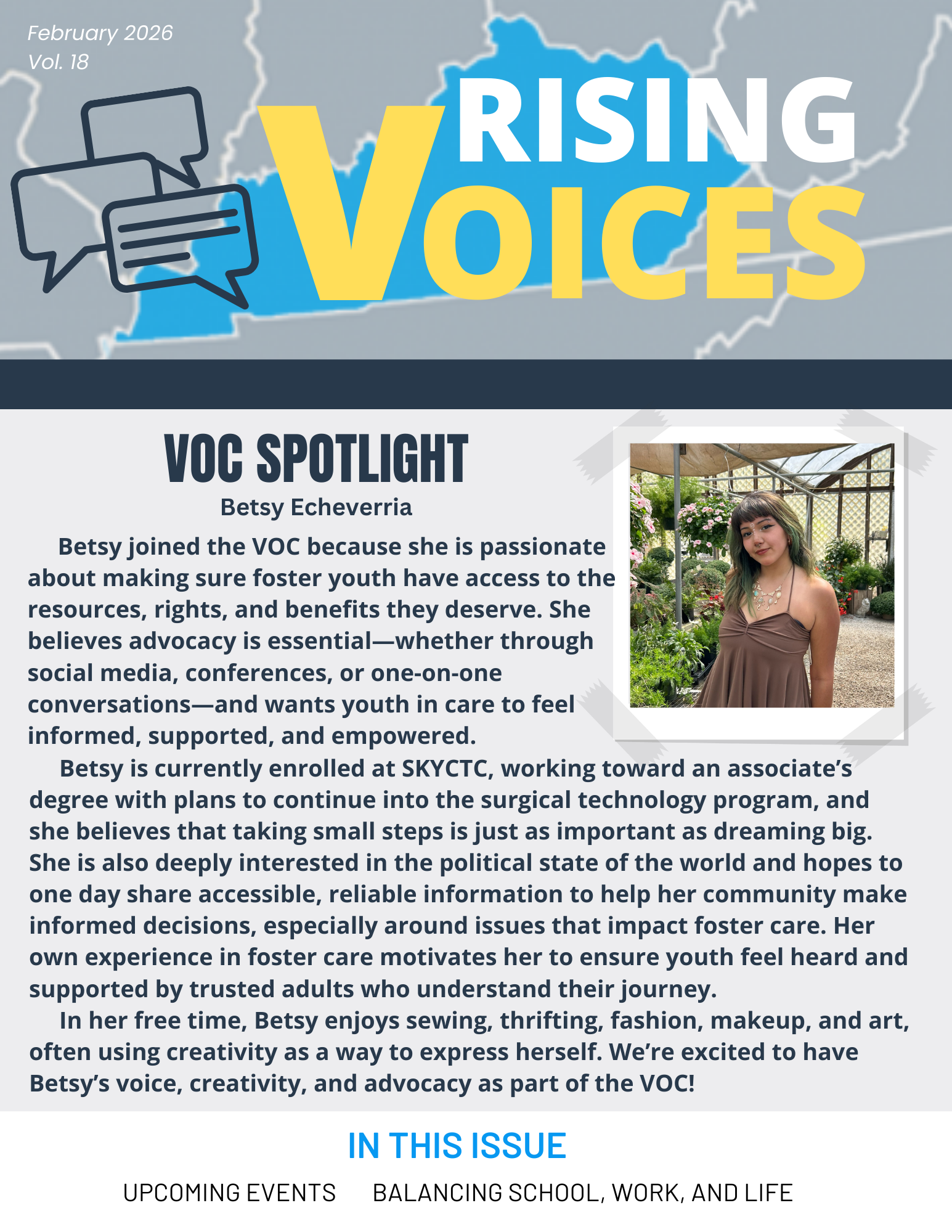 Cover of Jan 2026 Rising Voices Newsletter featuring an introduction of VOC member and information about newsletter contents