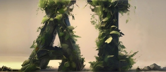 An AI-generated image of the letters "AI" covered in leaves and vines.