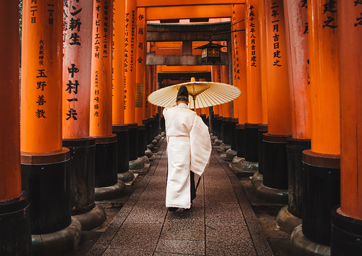 Man walking through Tori gates.