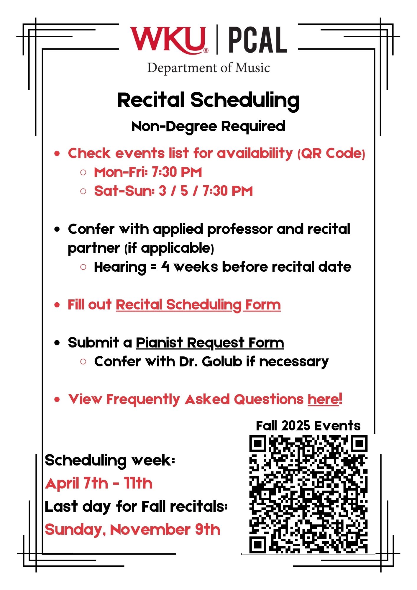 Quick guide to non-degree recital scheduling policies