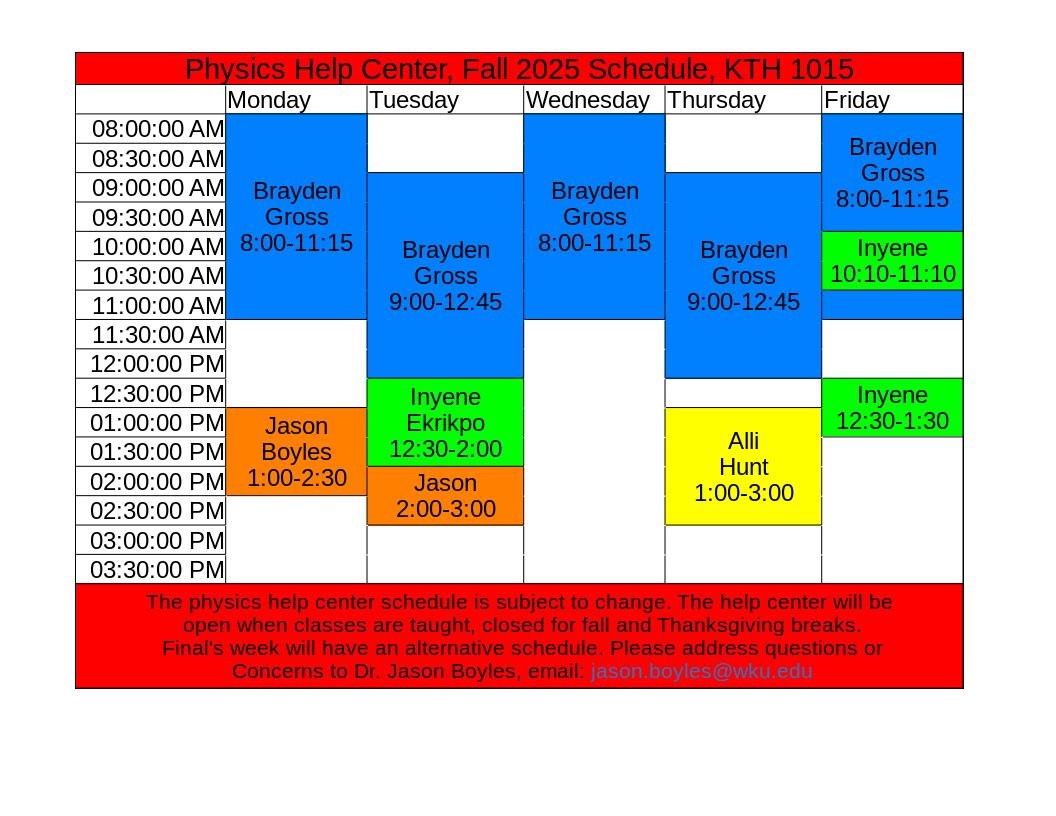 Fall 2025 Physics Help Center Schedule