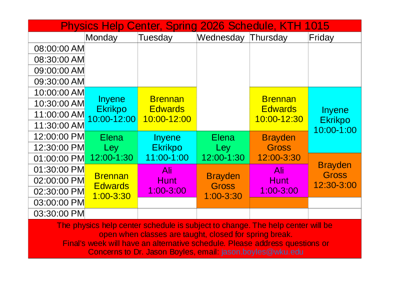 Physics Help Center, Spring 2026 Schedule
