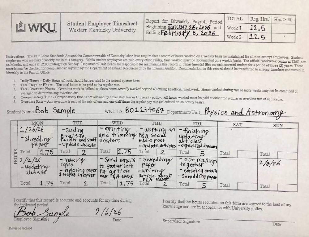 completed paper time sheet