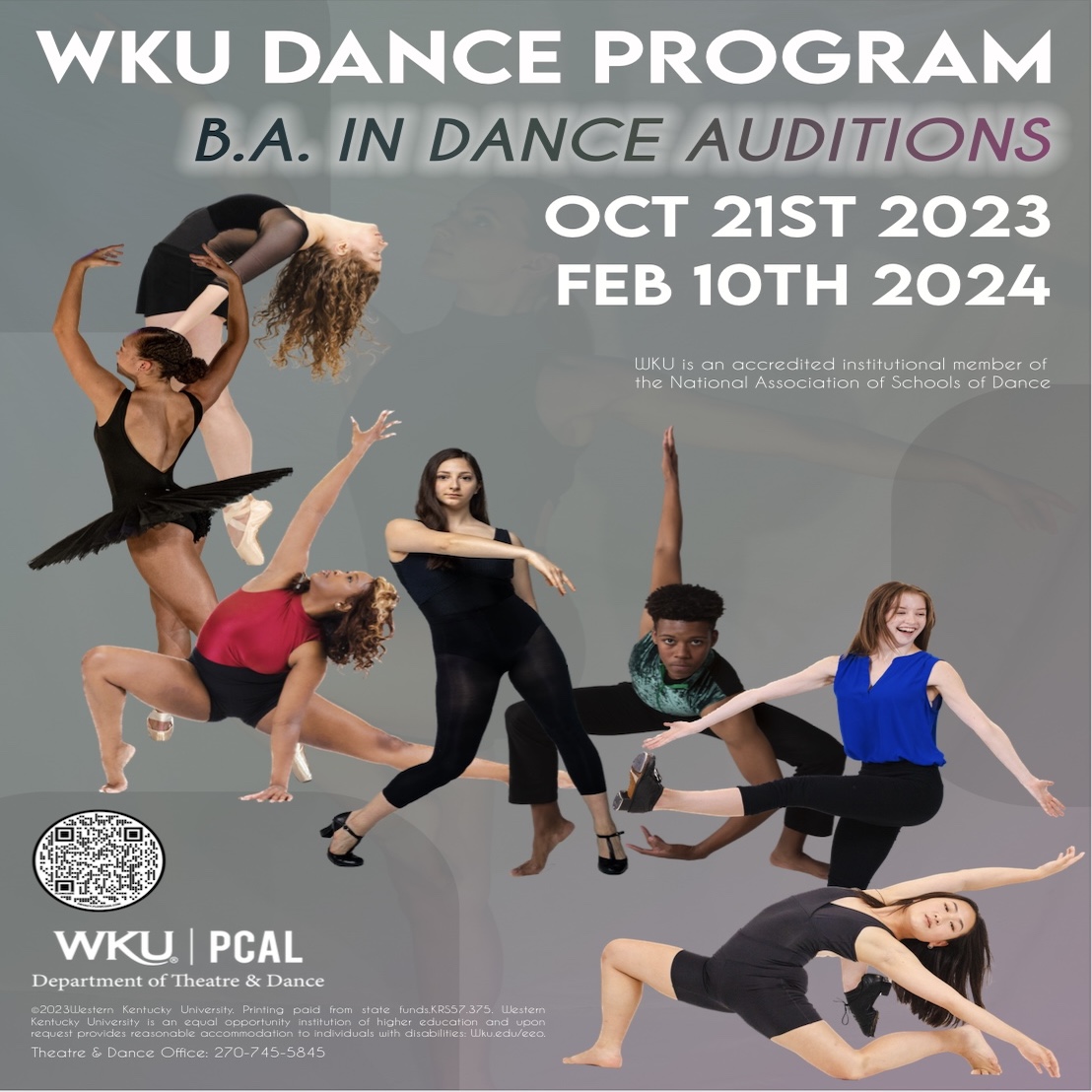 Dancers representing the four genres strike a pose, forming an arc around text describing the details of the B.A. Dance auditions.