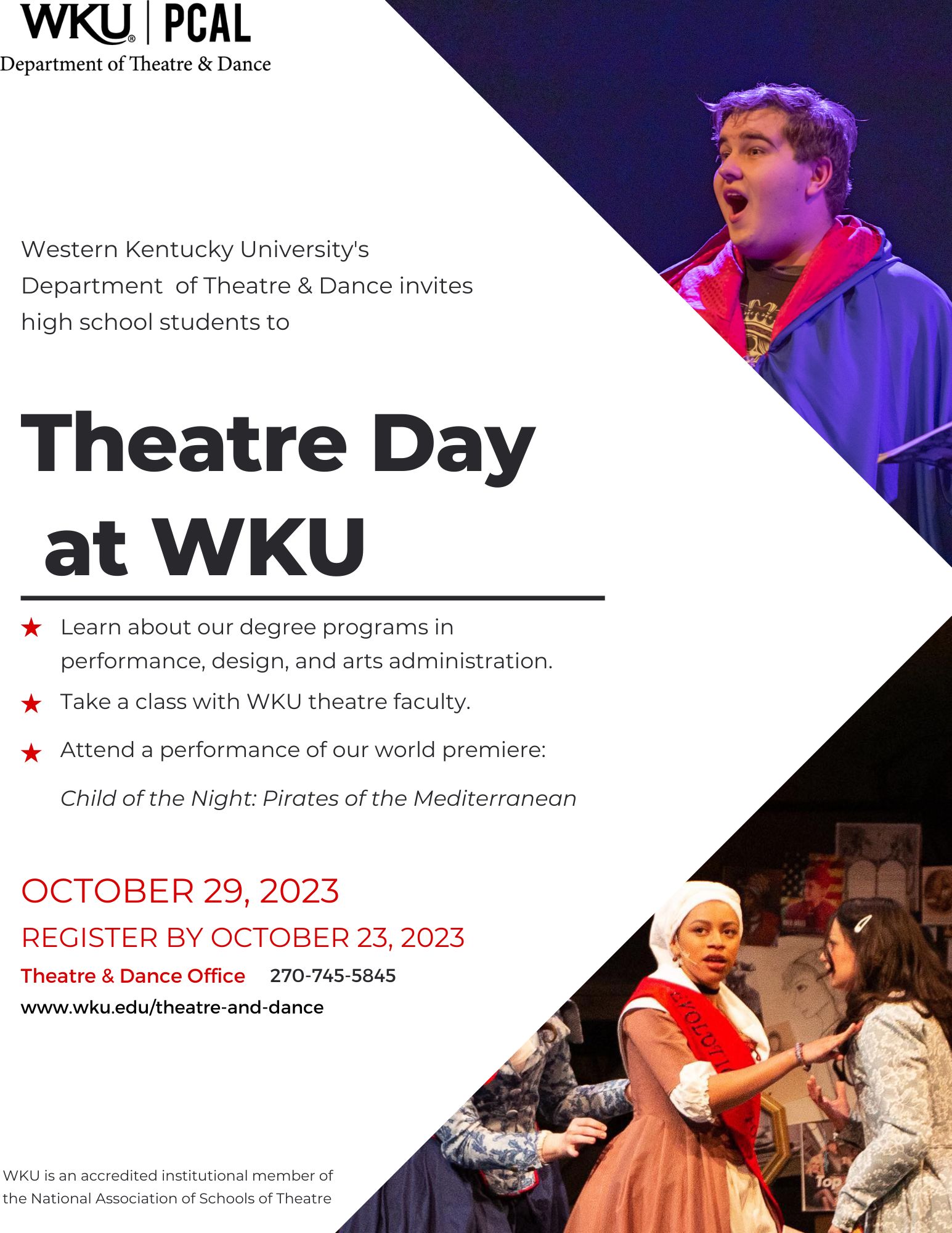 Theatre Day Poster Pictures of performers from different WKU mainstage theatrical productions surround details for 2023's Theatre Day.