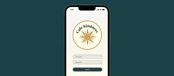 Cafe Kindness by Katie Cole, Nicole Johnson, Emma Simpson, and Gabby Smith, featuring a iPhone mockup with a Cafe Kindness logo.